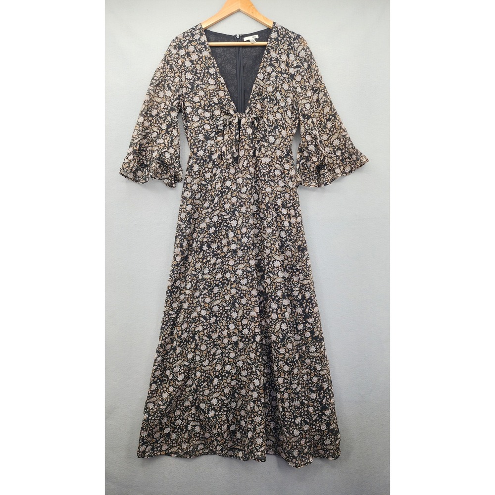 Amuse Society Floral Maxi Dress M Black Bell Sleeve Tie Front Boho AD03JBES NEW